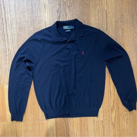 Polo Ralph Lauren Mens 100% Merino Wool Collared Sweater Navy Blue Size Large - Picture 2 of 5